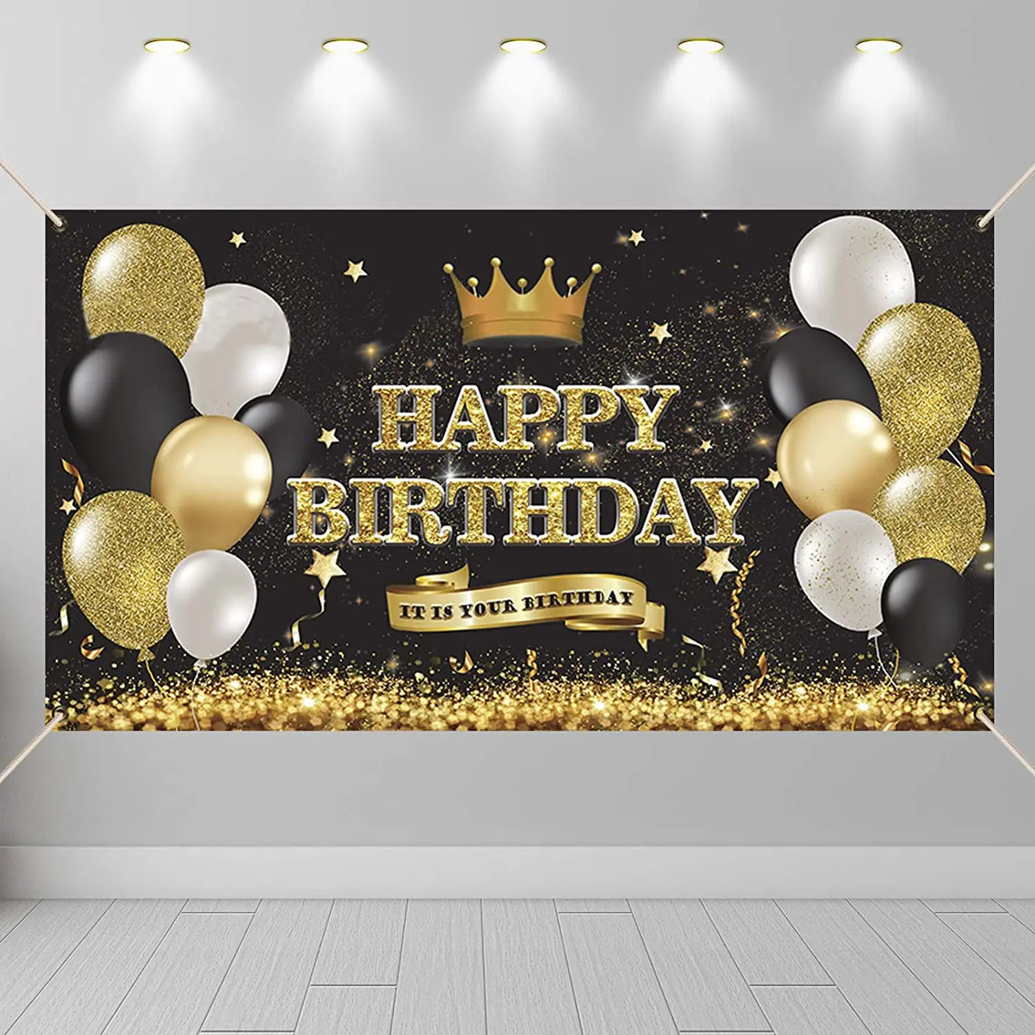 

Фон с днем рождения с золотыми воздушными шарами и короной, знак для украшения вечерние, фон для фотобудки, баннеры, принадлежности