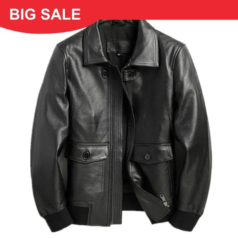 

2020 Black Men Slim Fit Aviator Leather Jacket Plus Size XXXL Genuine Cowhide Autumn Russian Military Pilot Leather Coat