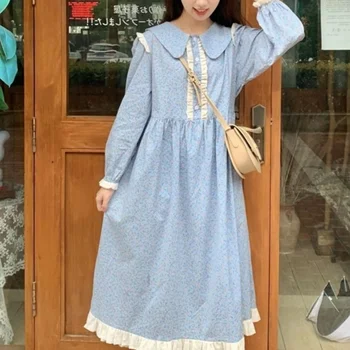 HOUZHOU-vestido Floral azul de manga larga para mujer, vestidos para primavera y otoño, bata Kawaii con volantes, ropa de calle con cuello Peter Pan 1