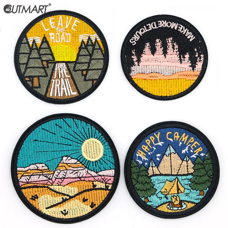 

Round Landscape Scenery Embroidered Patches For Clothes Diy Stripe Applique Badges Iron On Patches Decoration Stickers For Cloth