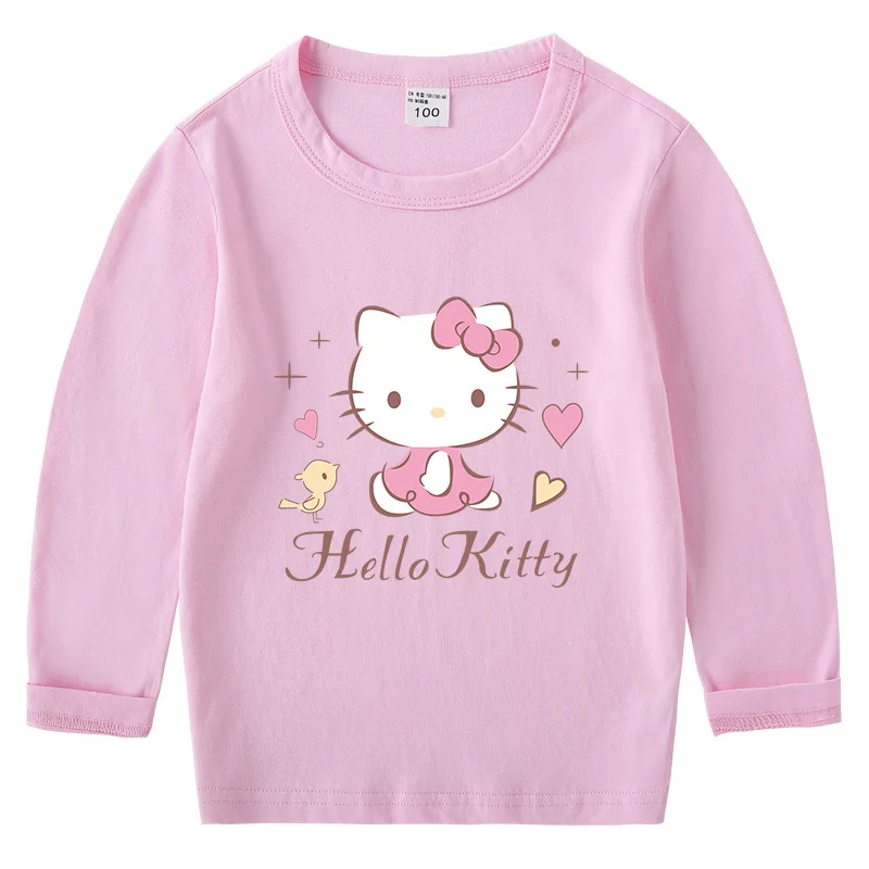 thumbnail image 1 of Camiseta de algodón de Hello Kitty para chico de otoño, camiseta de manga larga con cuello redondo y dibujos animados, ropa para niños y niñas, 1 of 5