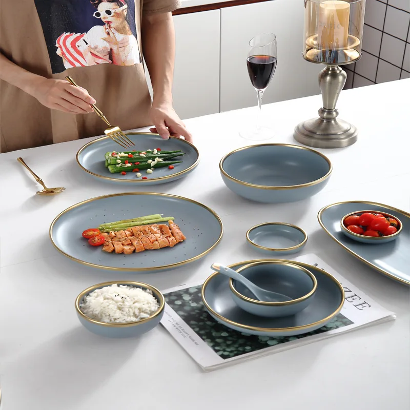 

Simple matte European ceramic tableware household rice bowl plate noodle soup deep shallow dish fish