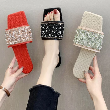 

Slippers Casual Shoes Woman 2020 Shale Female Beach String Bead Glitter Slides Slipers Women Low Luxury Sabot Flat Jelly New