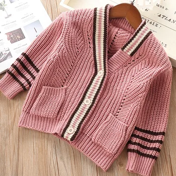 

Girls Sweater 2020 Spring/Autumn Children V-Neck Knitted Outerwear Coat Pink/Beige For Baby Girl Size 100-140 Cardigan Dwq587