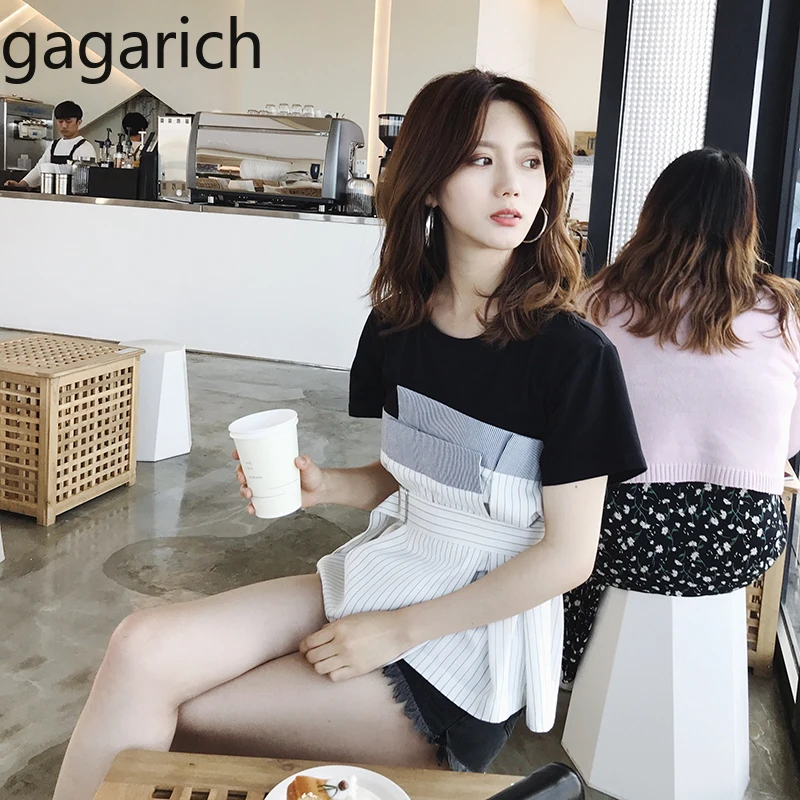 

Gagarich Women Tshirts Summer New Stripe Spliced Sashes Slim Waist Loose Fake 2 Piece Tops Offlce Lady Chic Korean T Shirt