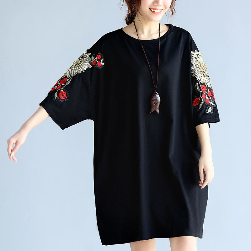 TVVOVVIN, весна-осень, новинка размера плюс, Цветочная вышивка, свободная, Корея, черная футболка, платье, женские платья, Vestidos A597