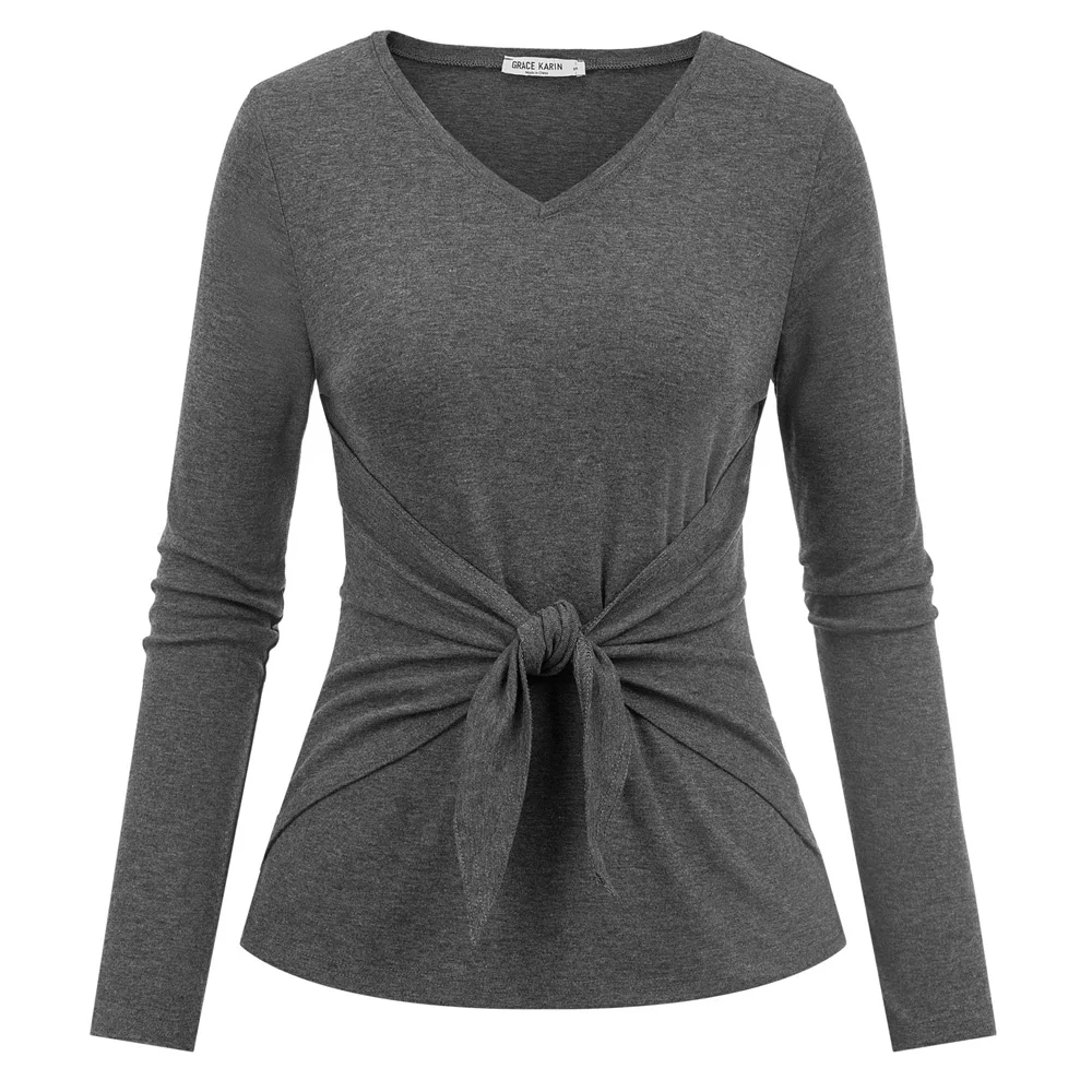 Dark Gray Kate Kasin женская одежда весна осень длинный рукав тонкая футболка с v-образным вырезом Повседневная футболка с бантом Топы женские основные рубашки тройника - Цвет: Dark Gray