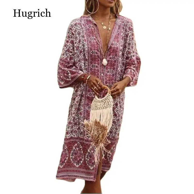 

Hot New Vintage Printed Women Split Fork Dress Plus Size Fashion Elegant Ladies Dress Summer V Neck Button Big Swing Dresses 5Xl