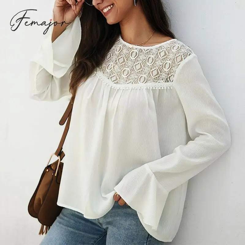 

Femajor Fall 2019 Vintage White Patchwork Women Tops and Blouse Female Autumn Winter Hollow out Chiffon Shirt Plus Size Tops