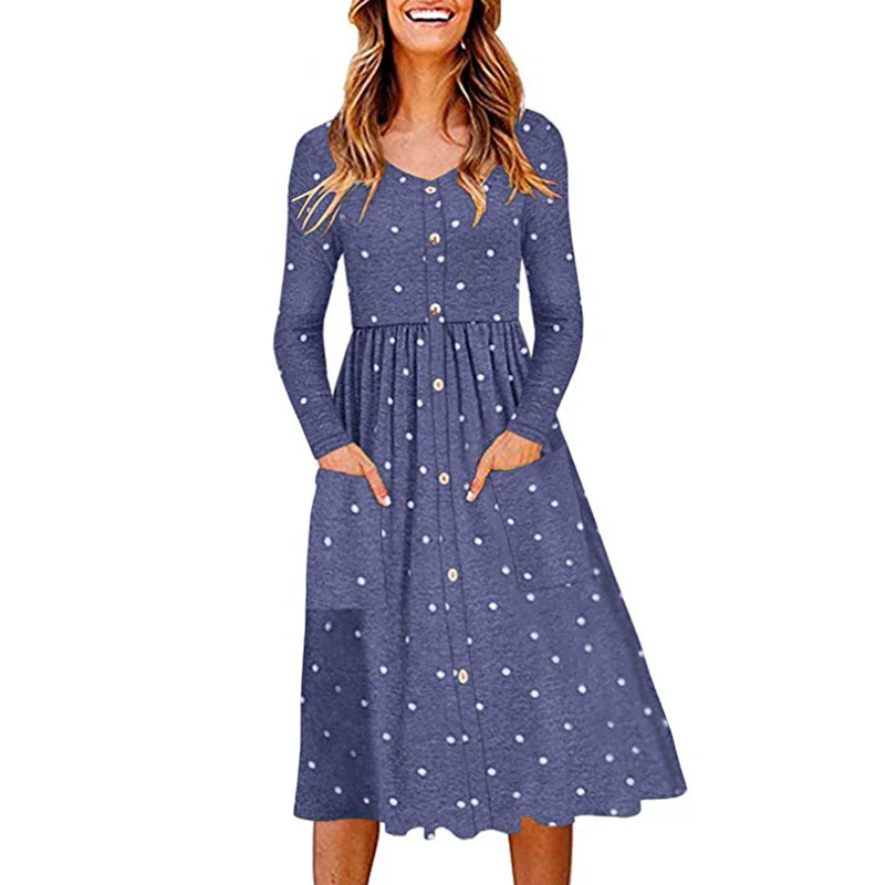 

Women Dresses Party Dress Pleated Polka Dot Pocket Swing Casual Midi Dress Plus Size Long Sleeve Women Dress Vestidos