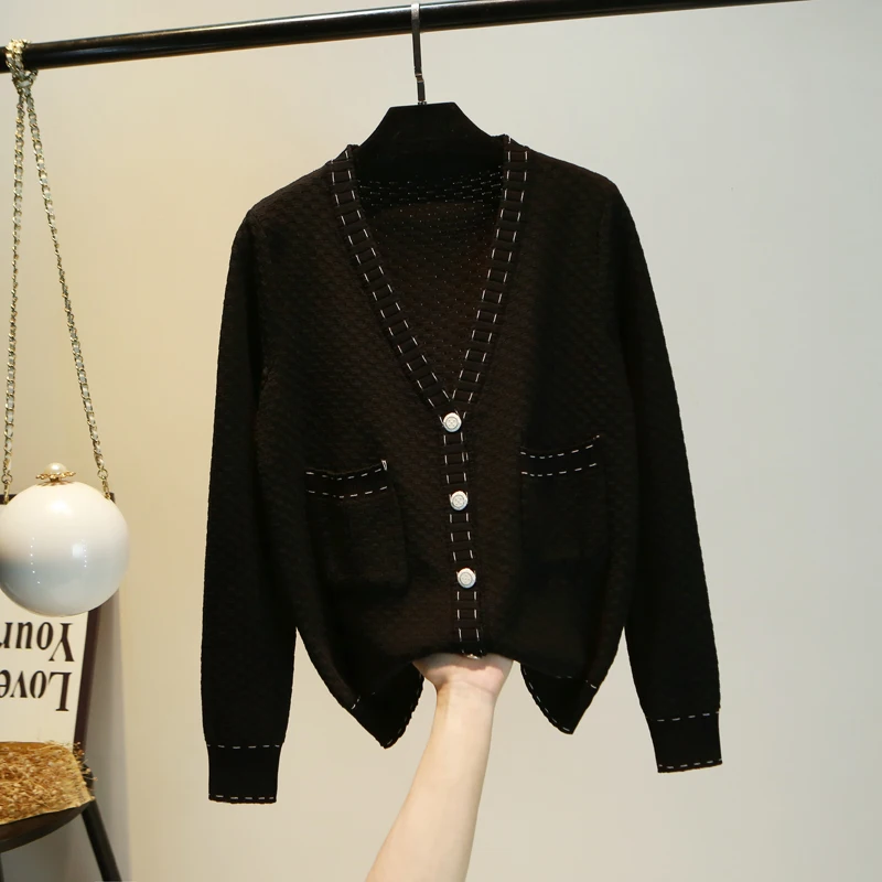 

MUMUZI Sweater Cardigan 2019 Autumn New solid color Knit Sweater Loose V Neck knitted Jackets Female with pockets