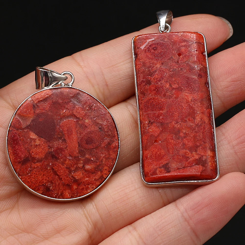 Fine Natural Stone Corals Pendants Big Flat Round Red Coral Charms for Trendy Jewelry Making Women Necklace Earrings