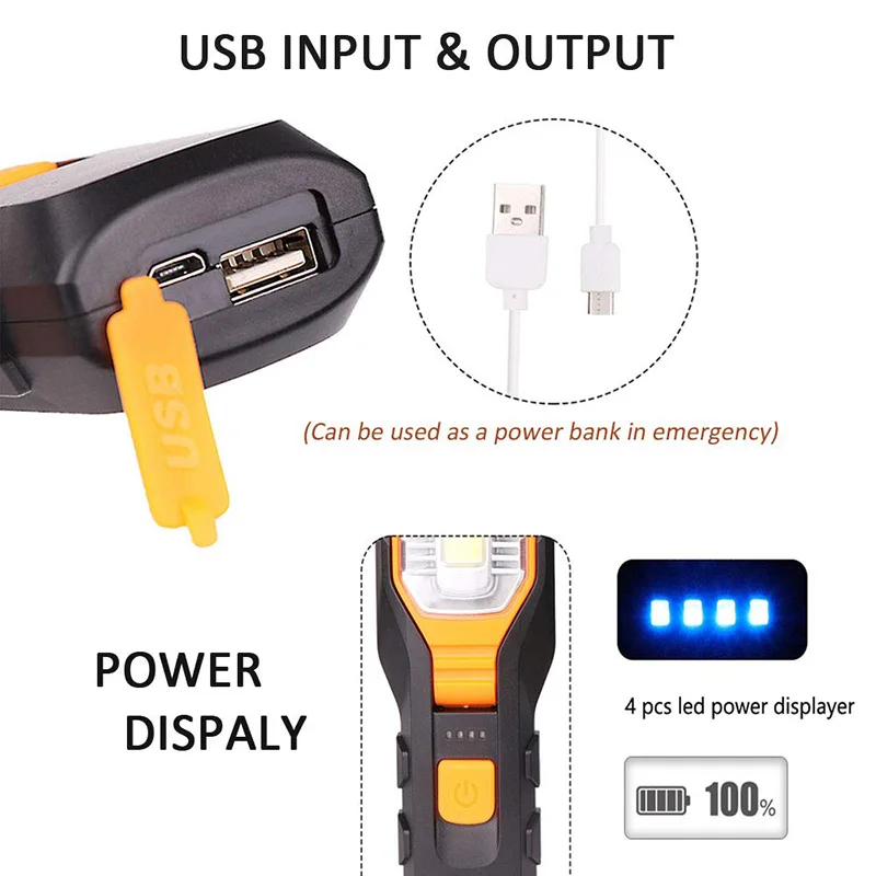 Светодиодный фонарик для работы с USB Перезаряжаемый ручной светодиодный светильник для работы встроенный аккумулятор водонепроницаемый магнитный контрольный фонарь для наружного использования