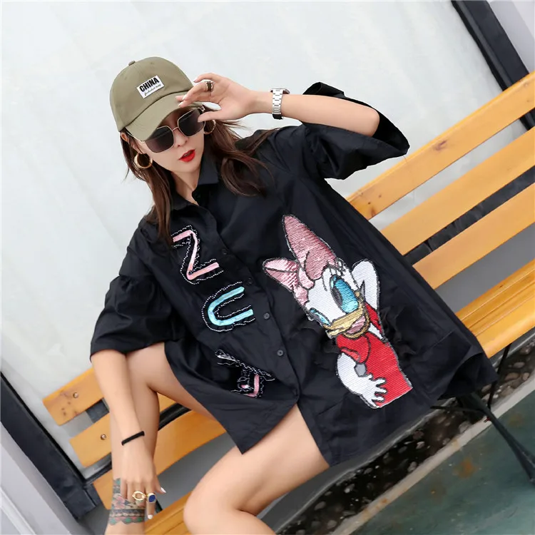 Marca nueva industria pesada lentejuelas donald duck mangas acampanadas camisa suelta camisa mujer verano