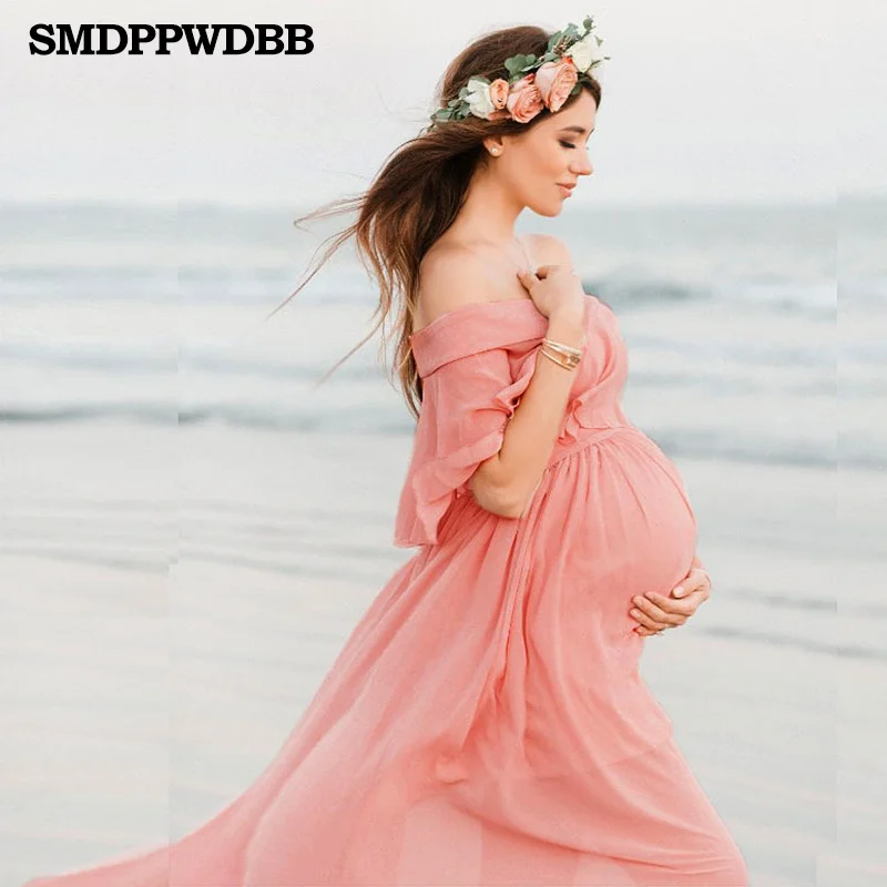

Pink Maternity Dresses For Photo Shoot Pregnant Women Pregnancy Dress Photography Props Sexy Off Shoulder Maxi Maternity Gown