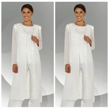 

Plus Size White Chiffon Long Sleeves Mother of the Bride Pant Suits With Long Blouse Sequins Beaded Mother of Groom Dress