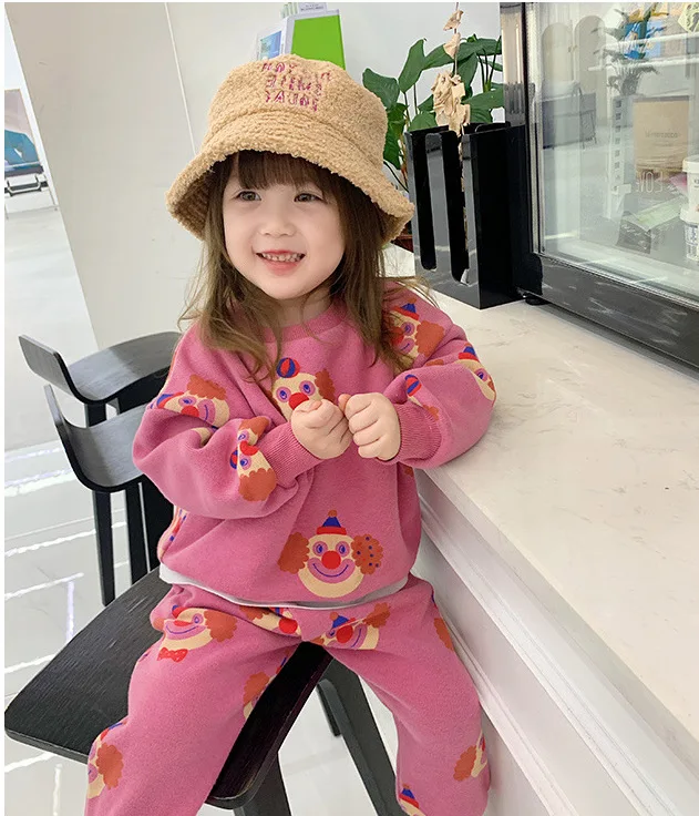 winter new Baby Girl casual suit Velvet Inside Cartoon Printed jackets+Pants,girls kids 2pcs clothes sets Children wear