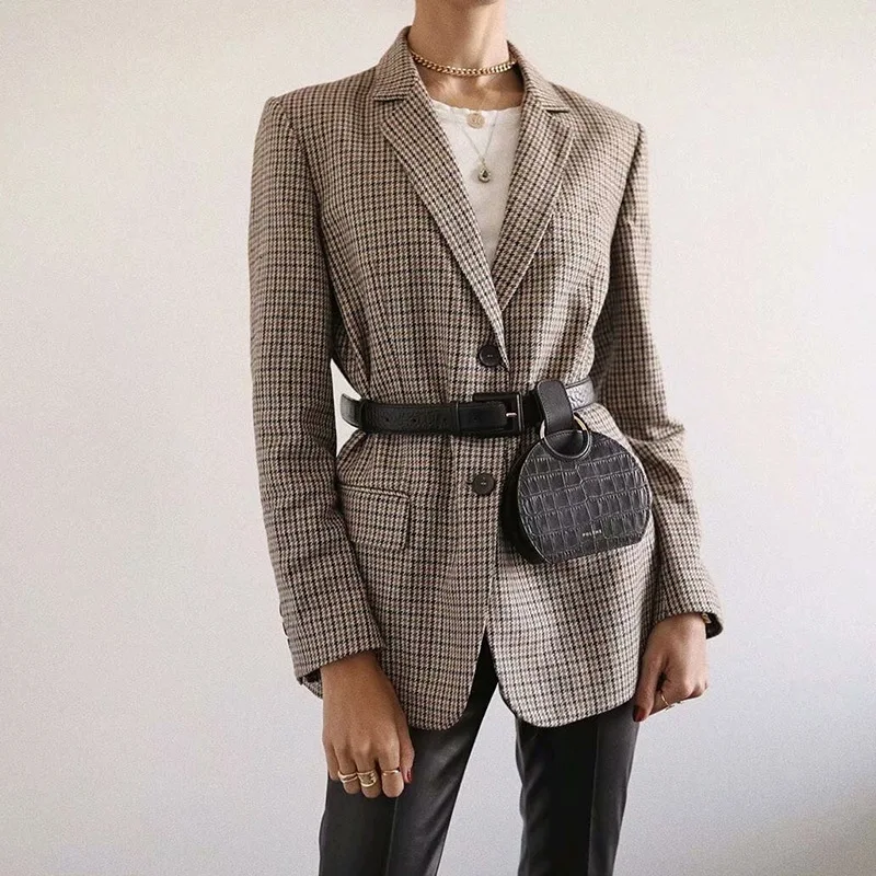 

2020 Retro Single Breasted Blazer Women Fashion Houndstooth Plaid Long Sleeve Suit Notched Collar Office Lady Jacket Outwear