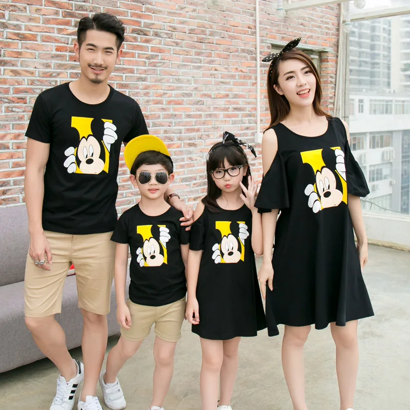 

Couple Brand Korean-style Parent-child Matching Outfit Summer Wear Cartoon Mouse off-Shoulder Short Sleeve Mother & Daughter Dre