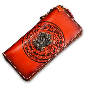 

Handmade Leather Wallet Men's Long Zipper Bag Male Retro Card Holder Money Wallets Genuine Leather Wrapper Men Clutch Bags