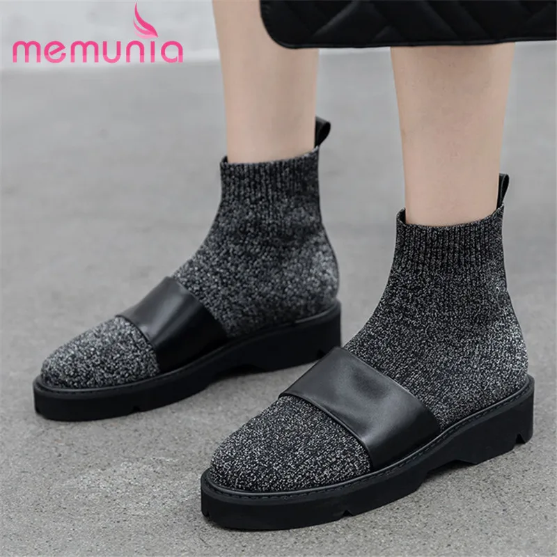 

MEMUNIA 2020 new arrival women ankle boots genuine leather Elastic boots slip on comfortable autumn flat platform shoes woman
