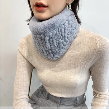 

YCFUR Casual Women Scarf Winter Warm Soft Knitted Rex Rabbit Fur Scarves Wraps Ladies Neck Warmer Ring Scarf Female