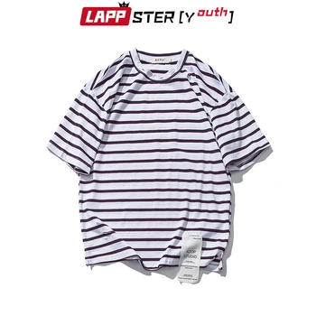 

LAPPSTER Men Cotton Striped Loose Funny Tshirts 2020 Summer Mens Ribbons Streetwear Hip Hop Tees Male Harajuku Casual Tops 2XL