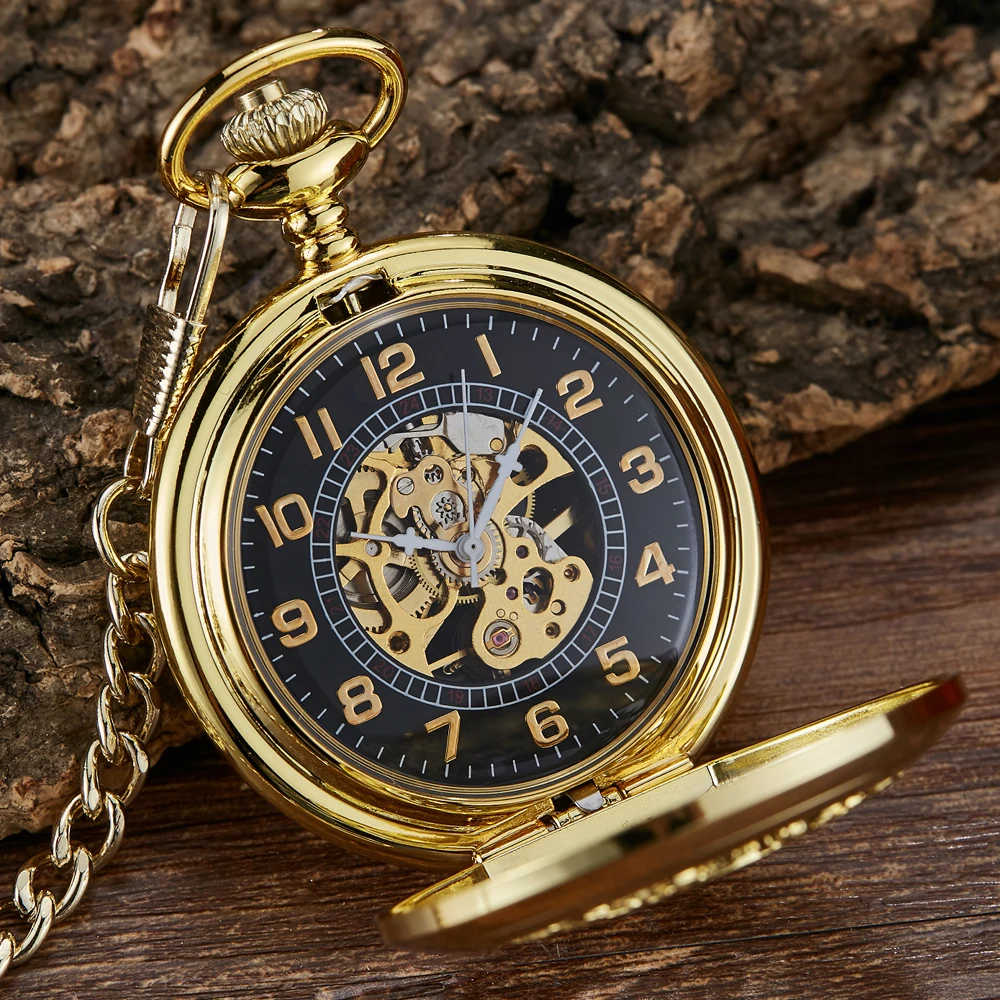 

Golden Vintage Automatic Mechanical Carved Pocket Watch Steampunk Skeleton FOB Chain Hand Winding Hollow For Men Women