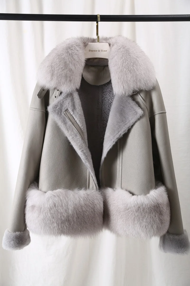 Зимняя повседневная куртка женская короткая верхняя одежда натуральный Лисий меховой воротник мех ягненка парка Теплая зимняя шуба из натурального меха