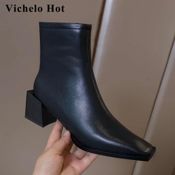 

Vichelo Hot new Chelsea boots natural leather simple style square toe thick high heel zipper pretty girls modern ankle boots L78