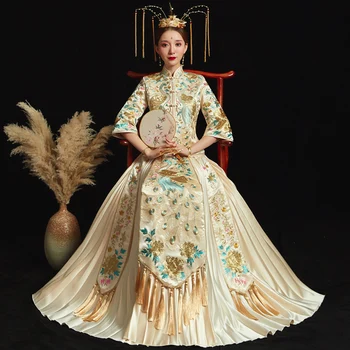 

Mandarin Collar Women Champange Cheongsam Phoenix High Quality Handmade Embroidery Evening Gowns Print Flower Long Qipao