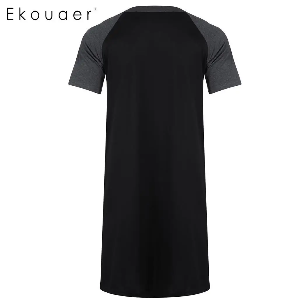 Ekouaer мужской летний халат ночная рубашка пэчворк с круглым вырезом короткий рукав до колена молния Ночная рубашка Пижама Мужская домашняя одежда