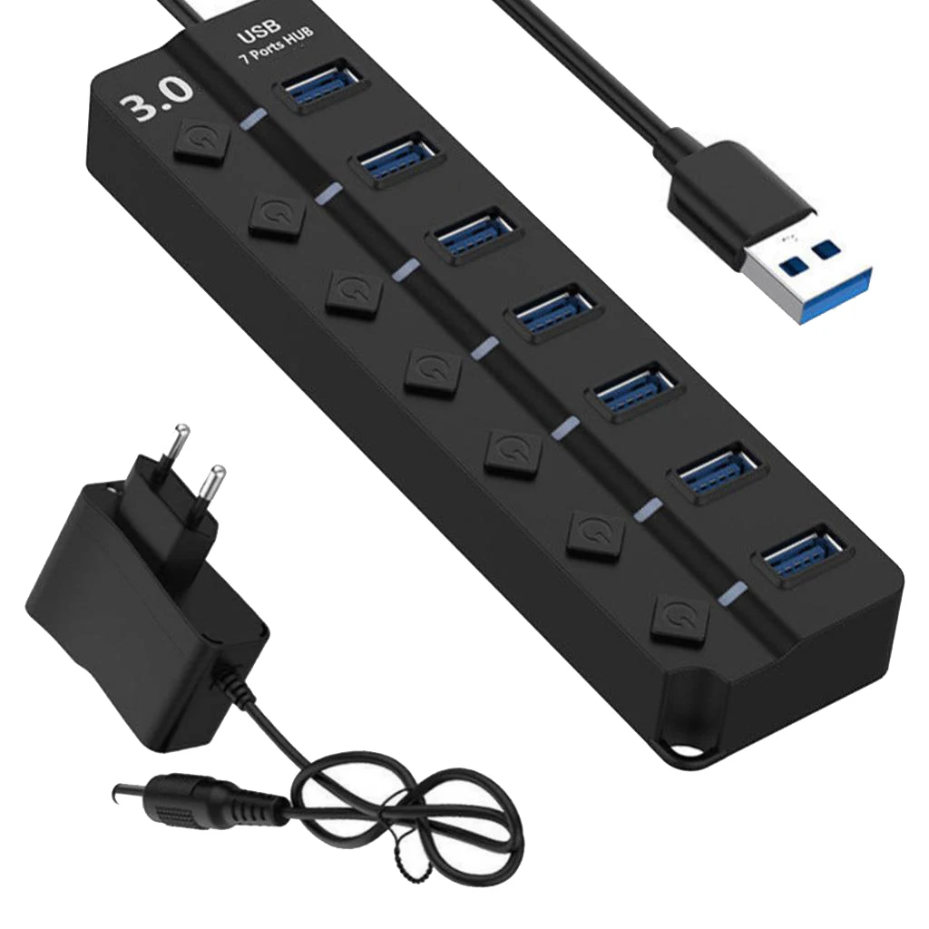 7 портов USB 3 0 концентратор 5 Гбит/с высокоскоростной вкл/выкл переключатель AC