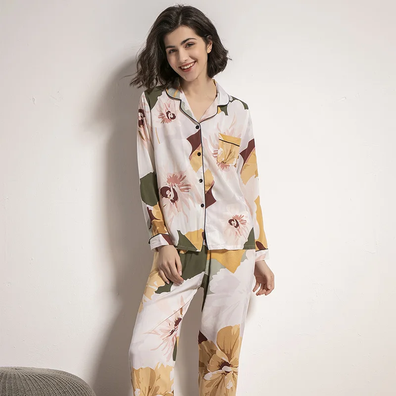 

Spring New Ladies Pajamas Set Comfort Yellow Floral Printed Cotton Satin Loose Soft Women Turn-down Collar Homewear Casual Wear