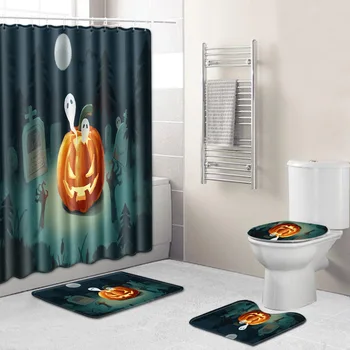 

Halloween Shower Curtain Mat Combination Four-Piece Set Bathroom Toilet Carpet Shower Room Foot Mat Cross-Border Hair