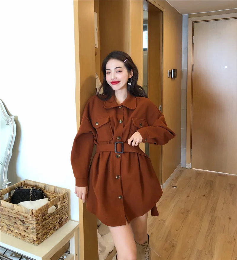 Autumn And Winter New Style Korean-style Elegant Waist Hugging Slimming Short-height Mid-length Lantern Sleeve Woolen Jacke