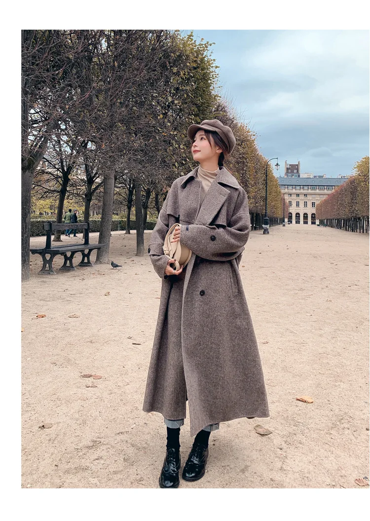 Шерстяная куртка для фотосессии, женская, средней длины,, стиль, осень и зима, корейский стиль, свободный крой, с разрезом, элегантная, выше колена