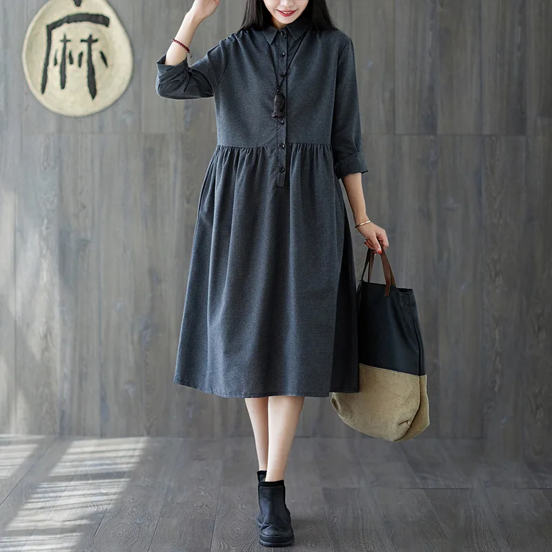 

Photo Shoot Autumn Clothing New Style Dress 2019 Korean-style Loose And Plus-sized Fashion Long Sleeve Stripes Cotton Linen Medi