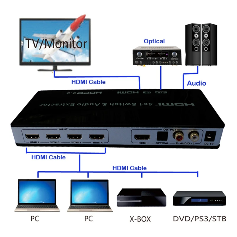4X1 Hdmi 2,0 коммутатор и аудио экстрактор для Xbox Dvd Tv 4 в 1 Hdmi коммутатор 4K 60 Гц 3D Arc стерео аудио SPDIF Rca Hdcp2.2