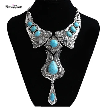 

Banny Pink Tibetan Carved Cluster Pendant Necklace For Women Bohemia Turquoises Statement Choker Collar Big layer Dangle Choker