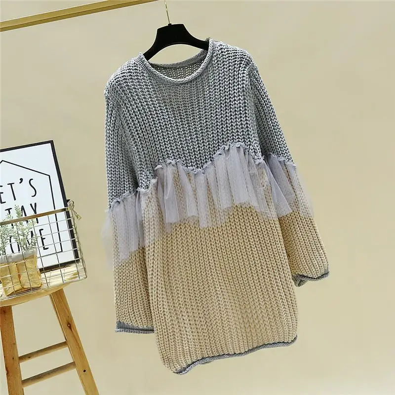 3 colors Gothic punk large size long sweater ladies striped cool openwork lace pullover sweater knit sweater