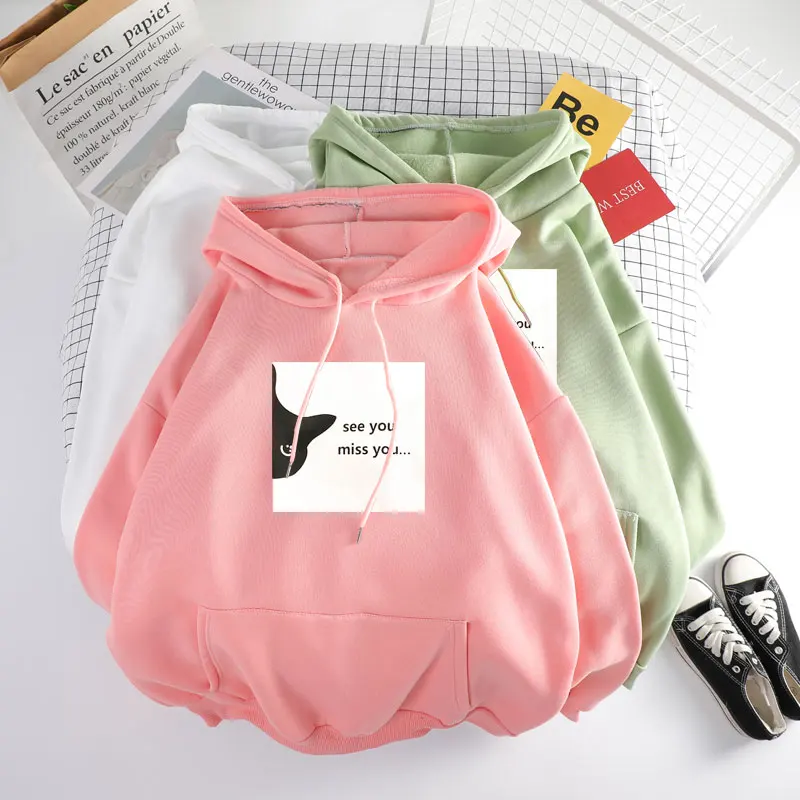 Kawaii cat miss you letter print men hoodie white 2020 vogue japanese warm jacket long sleeve 2