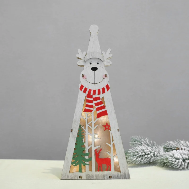New Year Christmas Decoration Crafts Color Painted LED Light Up Wooden Tabletop Ornaments Battery Not Icnluded H