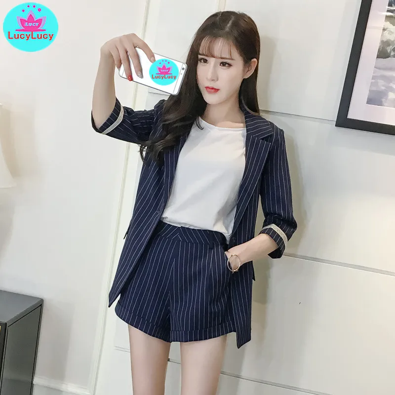 

2019 summer new five-point sleeve striped suit + shorts fashion casual two-piece suit Elastic Waist Regular
