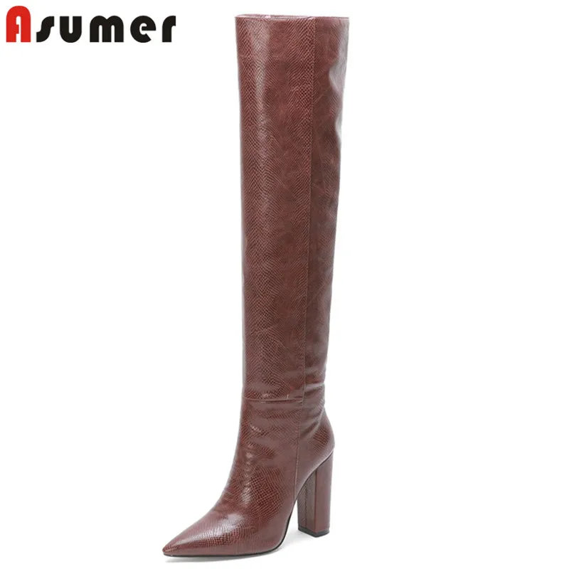 ASUMER/ г., Новое поступление, высокие сапоги до бедра Женская модная брендовая обувь на высоком каблуке женские осенне-зимние высокие сапоги с острым носком