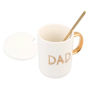 

400ml Ceramic Mug DAD Letters Coffee Cup Teacup with Lid and Spoon Gift for Father's Day Birthday (White)