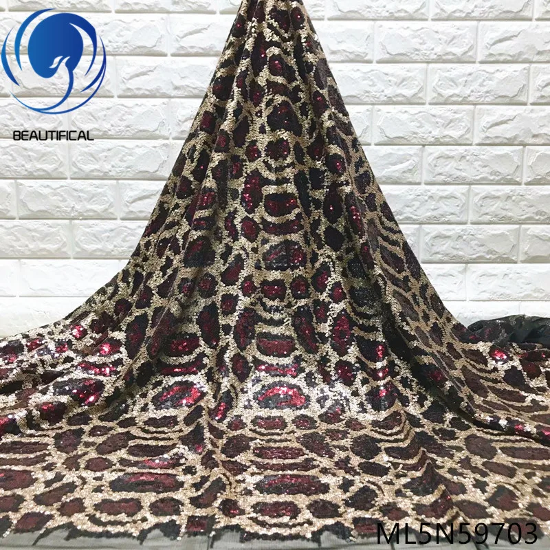 

BEAUTIFICAL nigerian lace fabrics for women dress Fashion net lace leopard print sequins design lace fabric 5yards/lot ML5N597