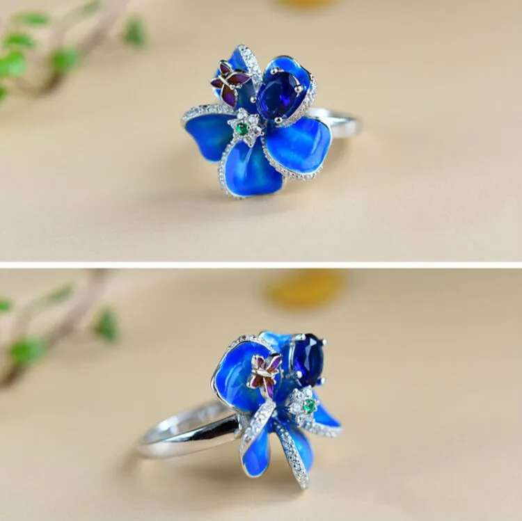 Модные ювелирные изделия ручной работы эмаль бабочка цветок серебряные кольца для женщин нежный элегантный цветок персика обручальные кольца