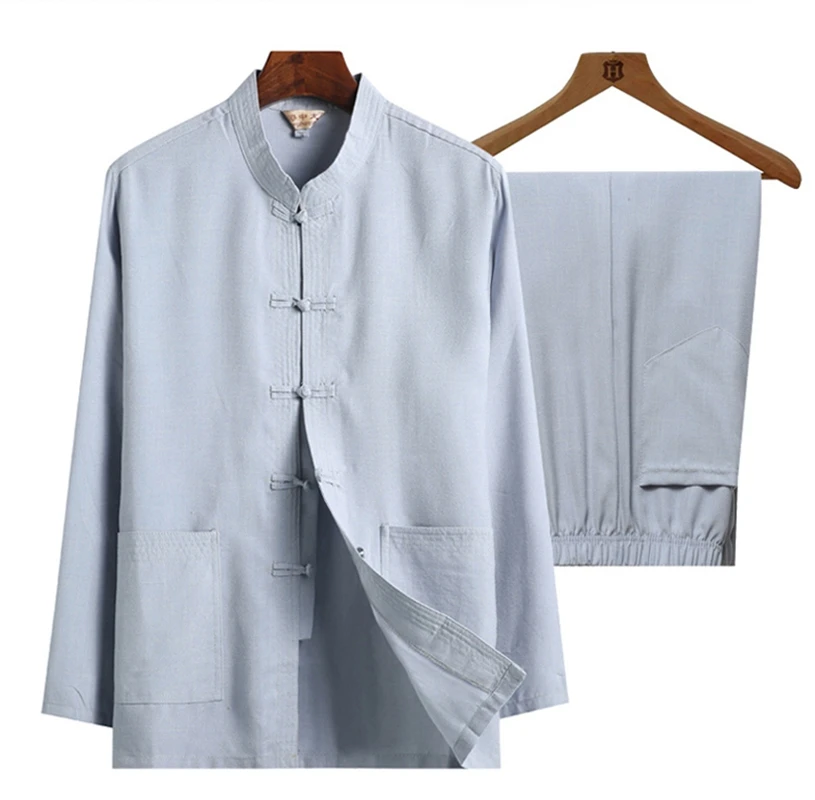 Plus Size4XL(Long Sleeve Shirt+Pant)Pure Color Cotton Linen 2PcsSet Men Kung Fu Tai Chi Suit ClassicWu Shu Clothing For Father