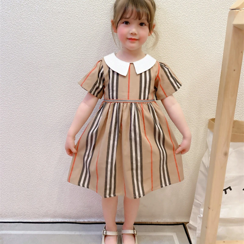 long skirt top design for baby girl New 2021 summer Fashion kids dresses for girls clothes Short sleeve stitching striped baby girls princess dress 2-10 years TW002 baby dresses cheap